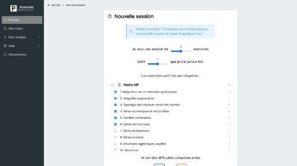 Lancement d'une session d'exercices
